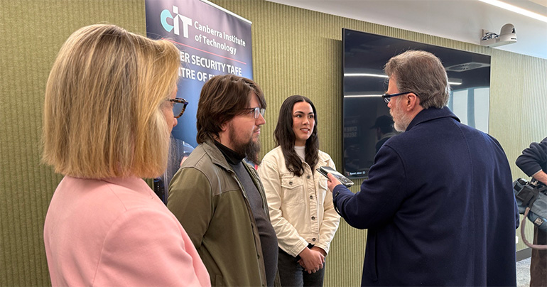 CIT CEO Dr Margot McNeill and students Jacob Dew and Alicia Madrid